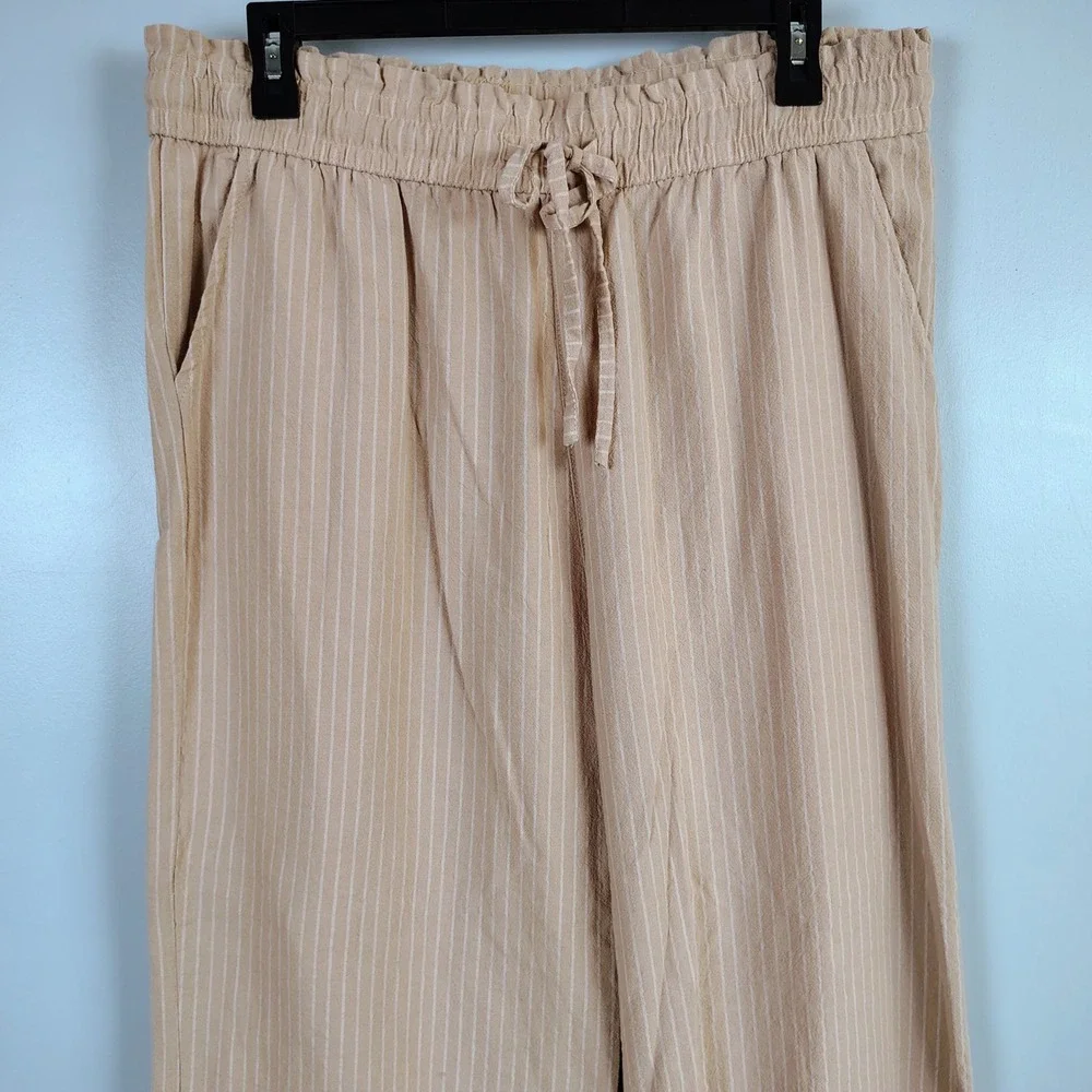 Womens XL Wide Leg Pinstripe Pants Tan Linen Cotton Coastal Boho Trousers